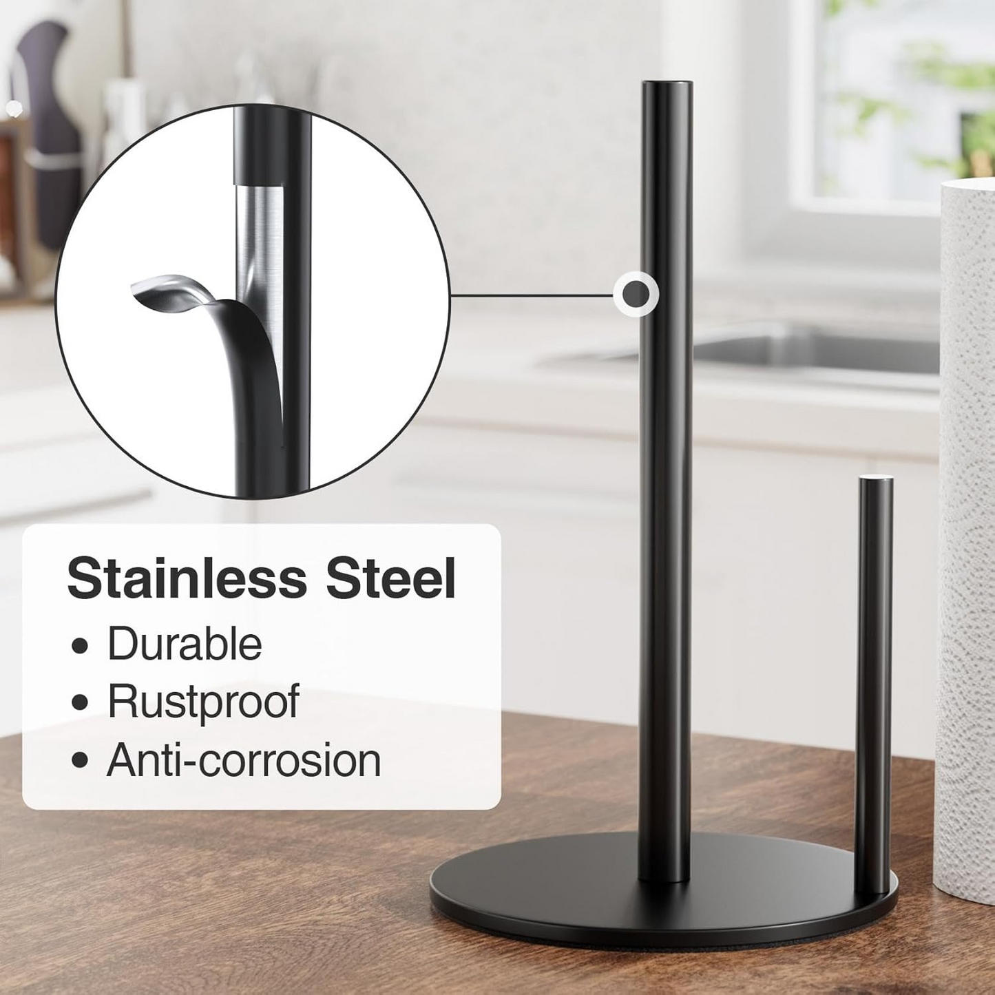 Kitchen Paper Towel Holder – Black Stainless Steel Roll Dispenser with Non-Slip Weighted Base