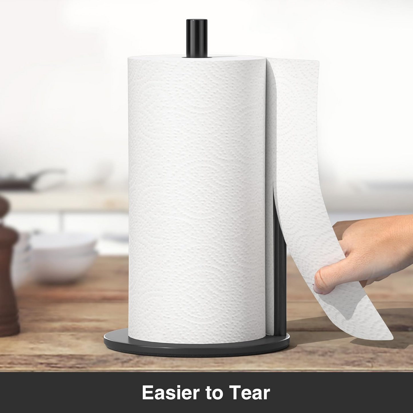 Kitchen Paper Towel Holder – Black Stainless Steel Roll Dispenser with Non-Slip Weighted Base